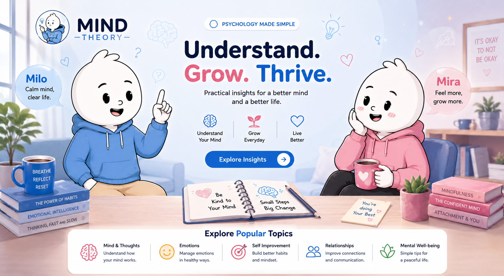Mind Theory — Understand. Grow. Thrive. Milo and Mira, the Mind Theory mascots.