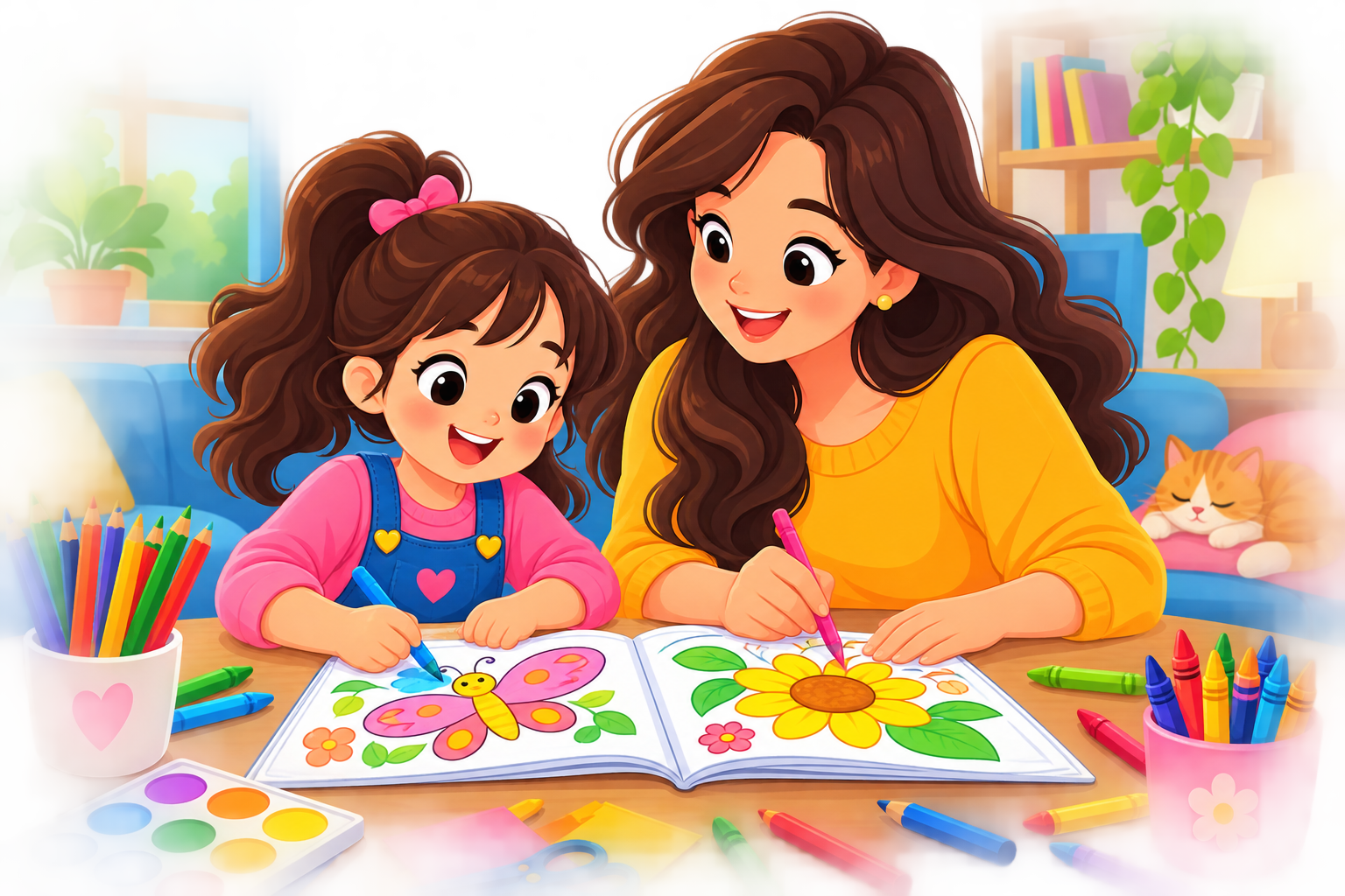 A mother and child colouring and doing craft activities together