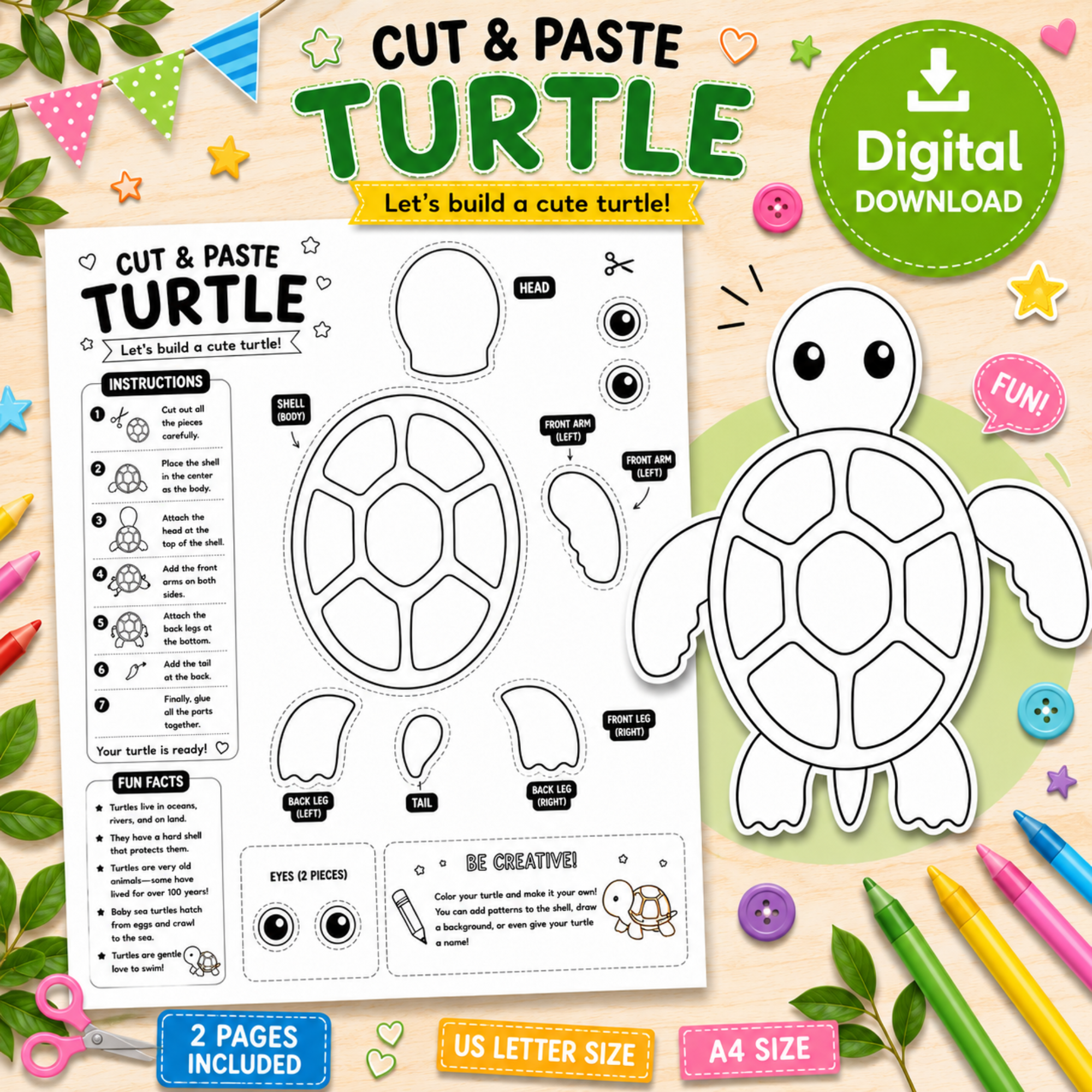 Turtle Craft Printable | Cut & Paste Coloring Activity for Kids | DIY Animal Craft Kit | Preschool Learning | Digital Download